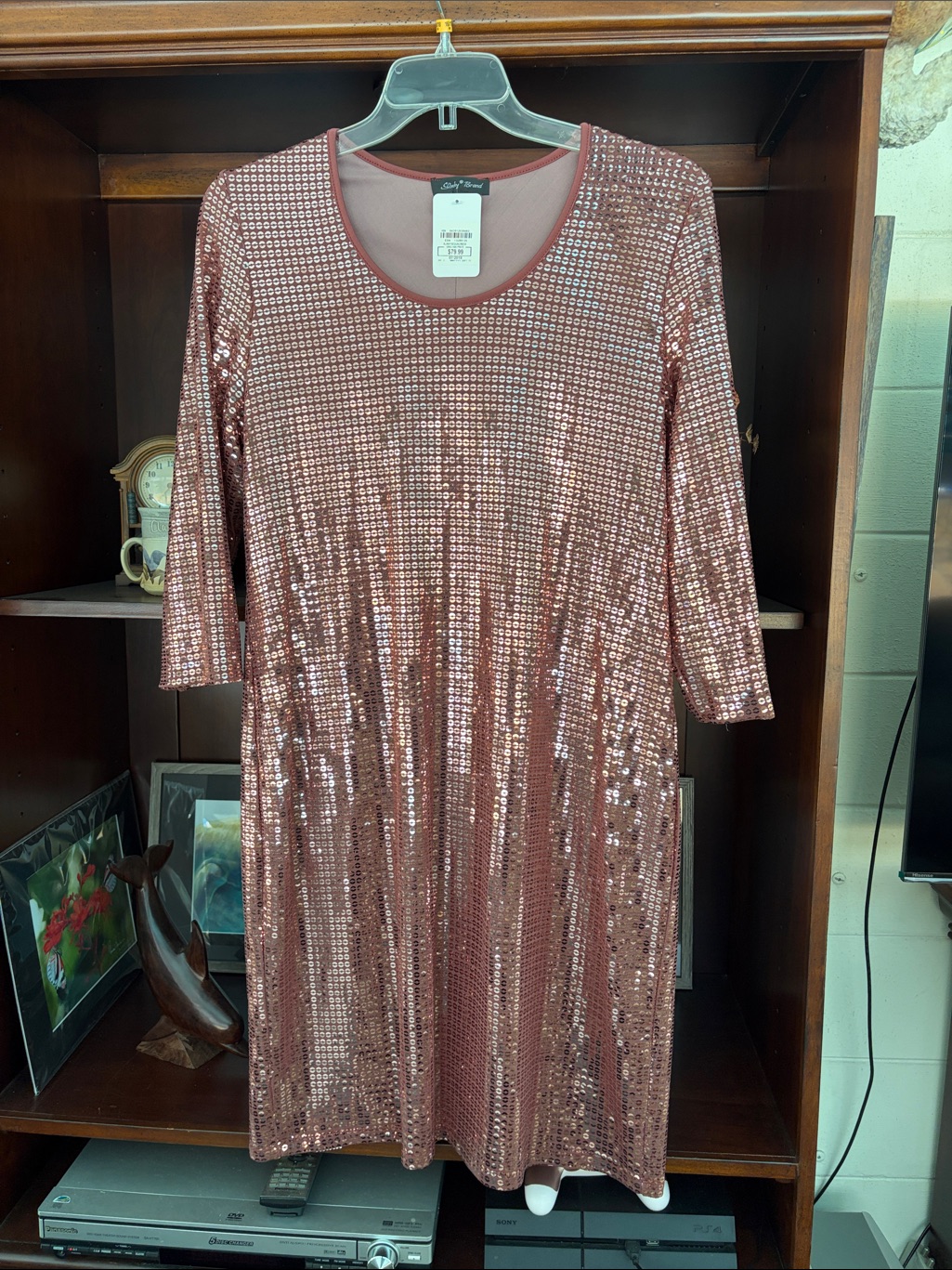 Slinky Brand Rose Gold Sequin Long Sleeve Shift Dress